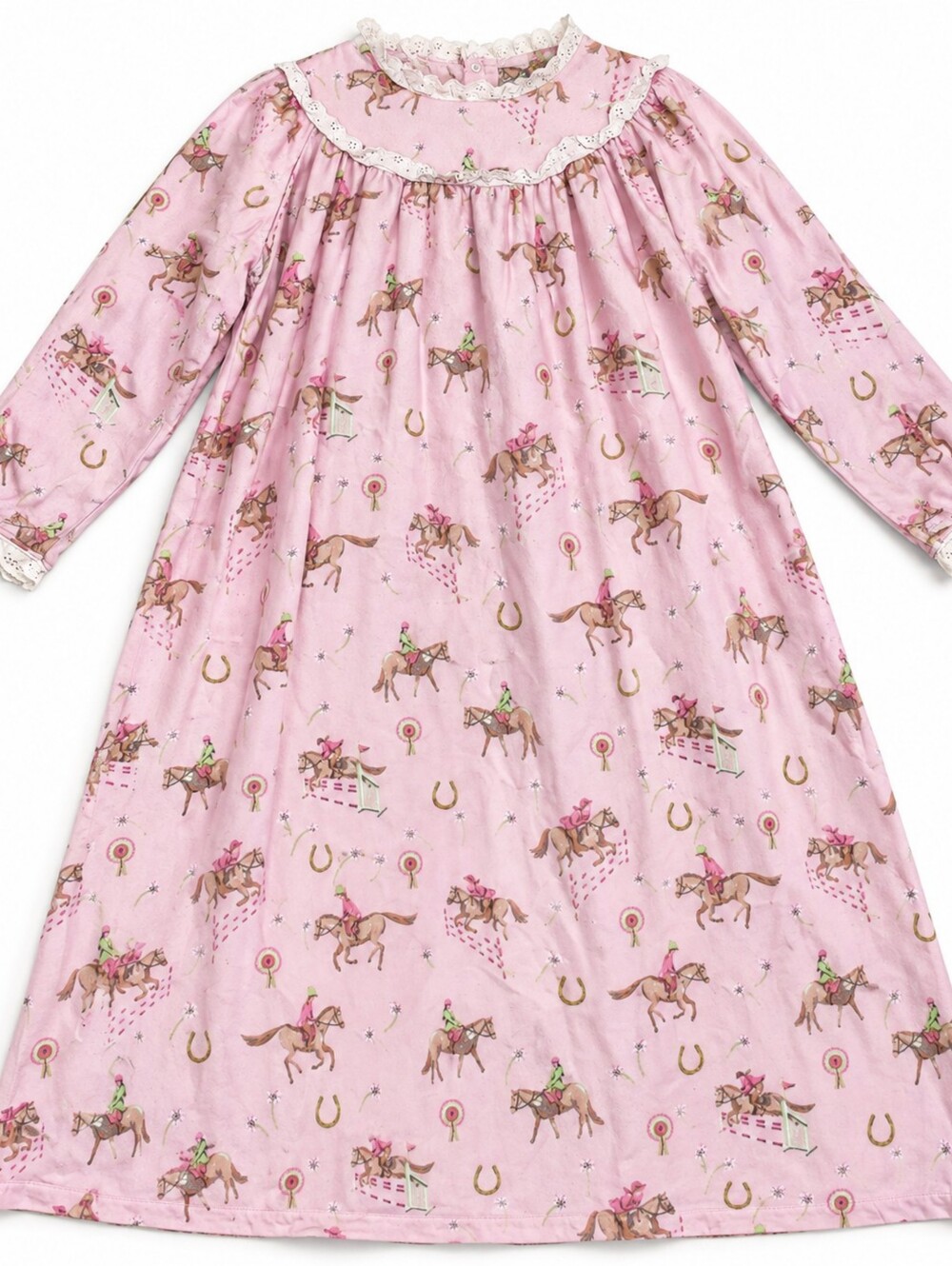 Vintage Company Kids Pink Horse Print Nightgown Sz 10 Lace Equestrian